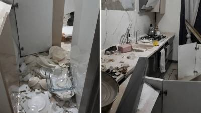 Antakya Dikmece TOKİ Konutları’nda gece saatlerinde duvardan koparak düşen mutfak