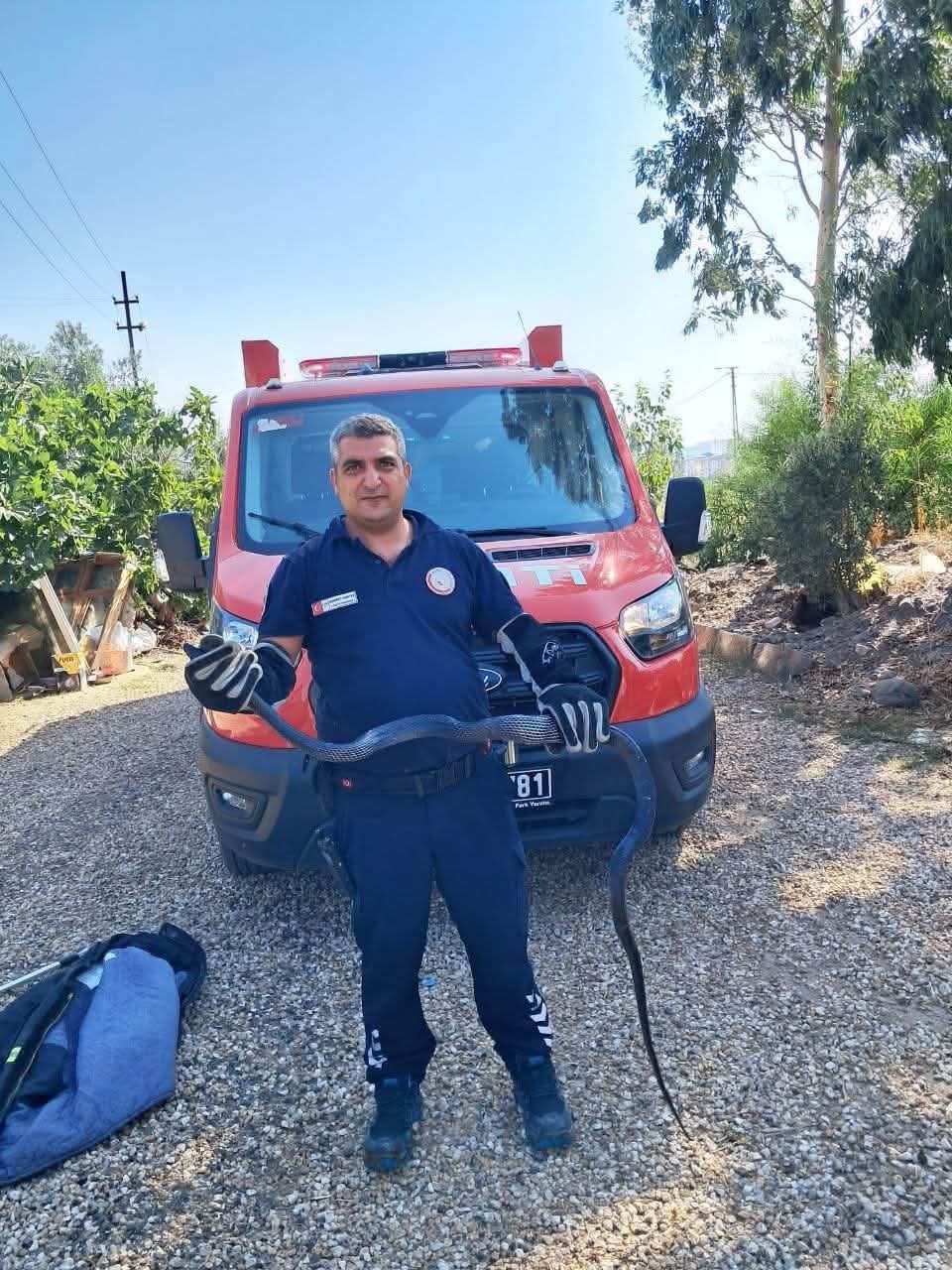 Antakya’nın Serinyol Mahallesi’nde bir evin bahçesinde görülen yılan, Hatay Büyükşehir