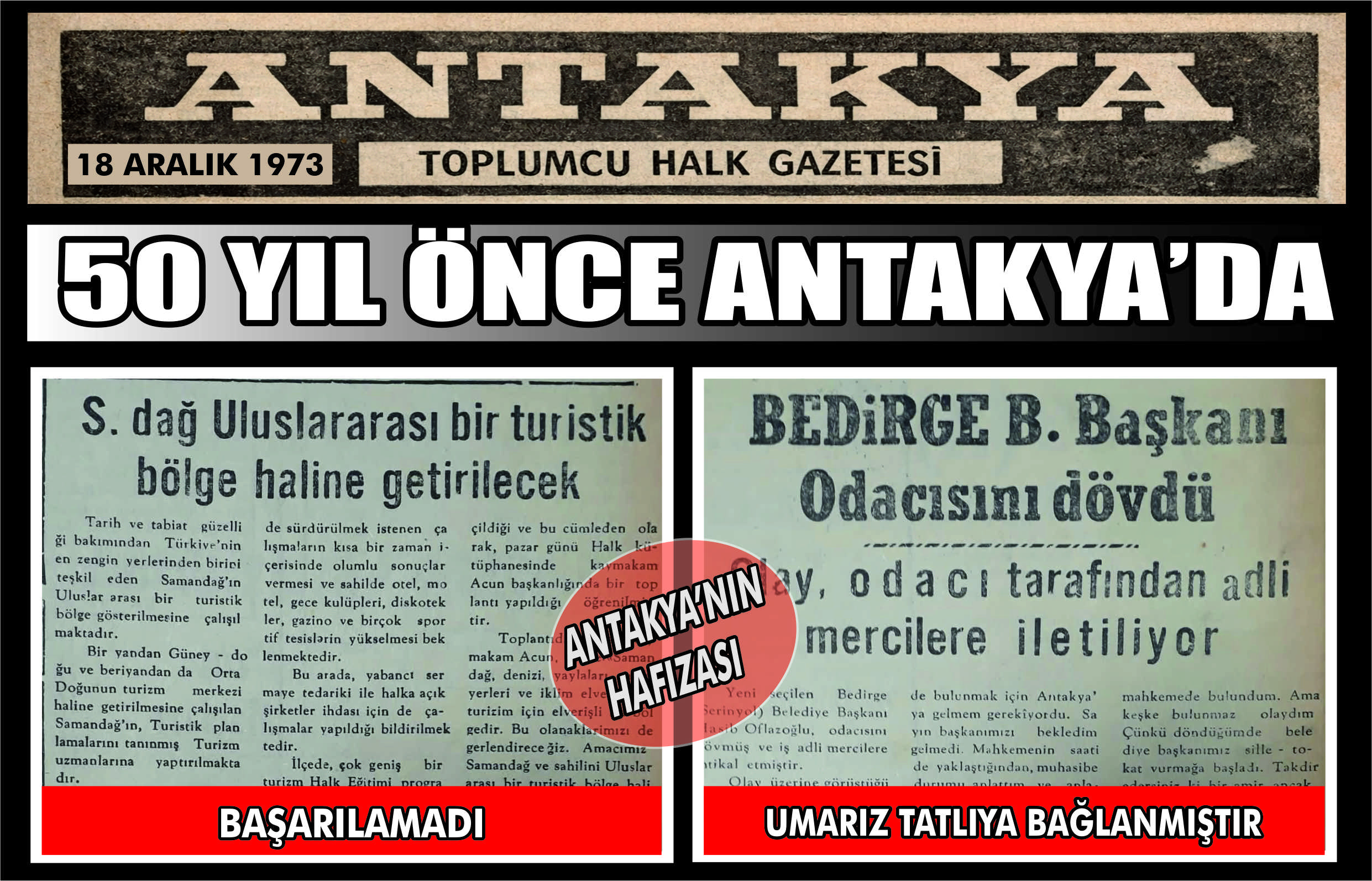 Antakya Gazetesi’nin 18 Aralık 1973 tarihli sayfası, Samandağ’ın turizm hedeflerinden