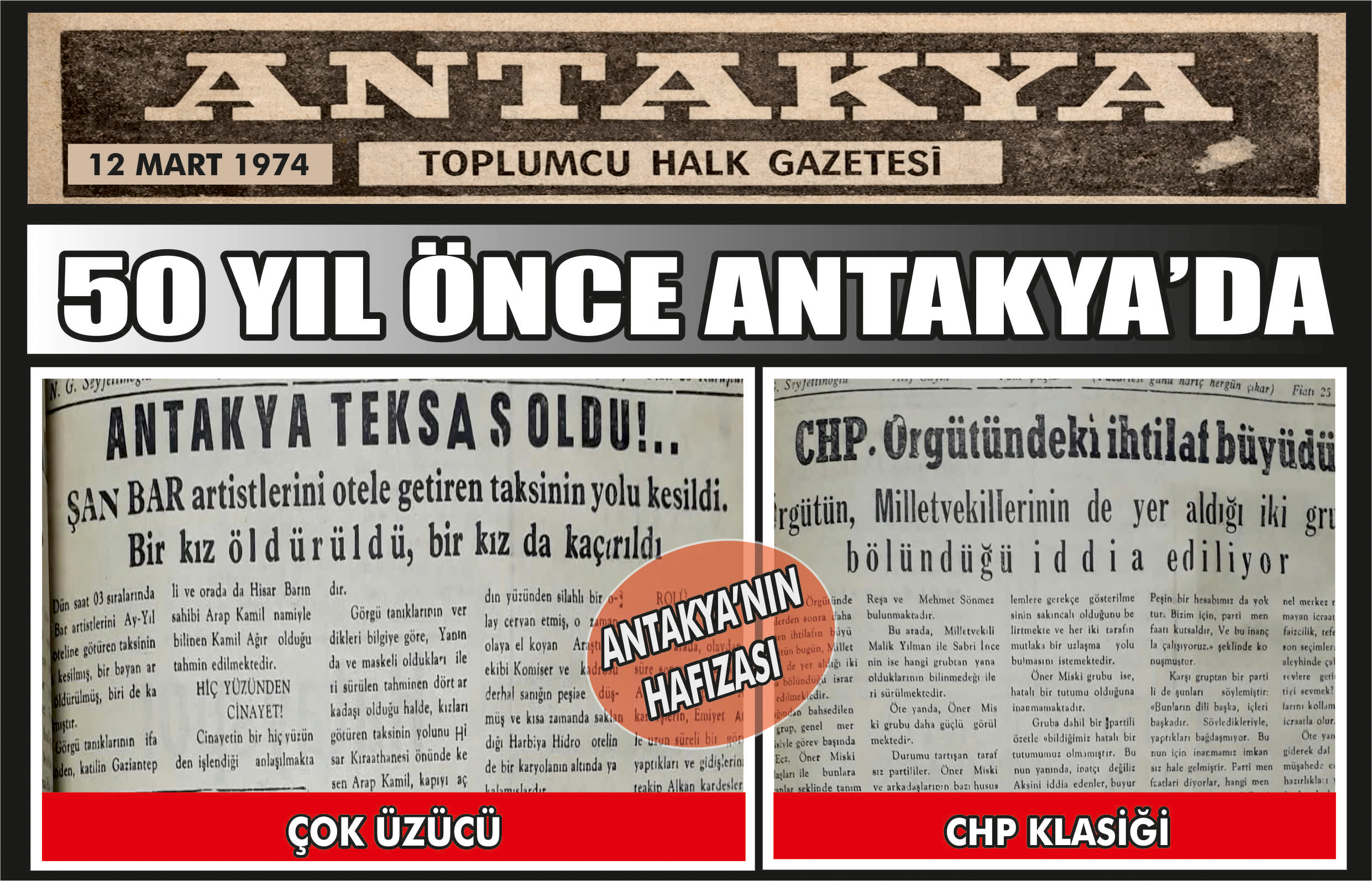 Antakya Gazetesi’nin 12 Mart 1974 tarihli arşivinde yer alan haberler,