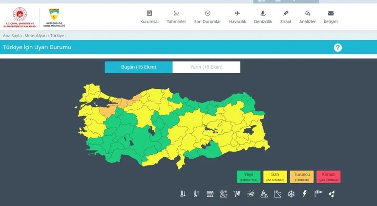 Meteoroloji Genel Müdürlüğü, 15 Ekim Perşembe günü 48 il için