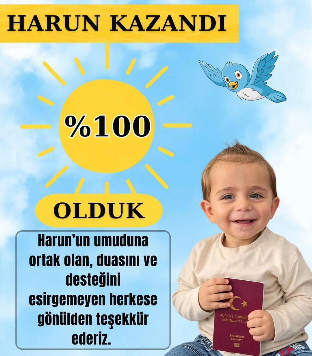 Türkiye, SMA tip-1 hastası minik Harun'dan gelen müjdeli haberle sevindi.